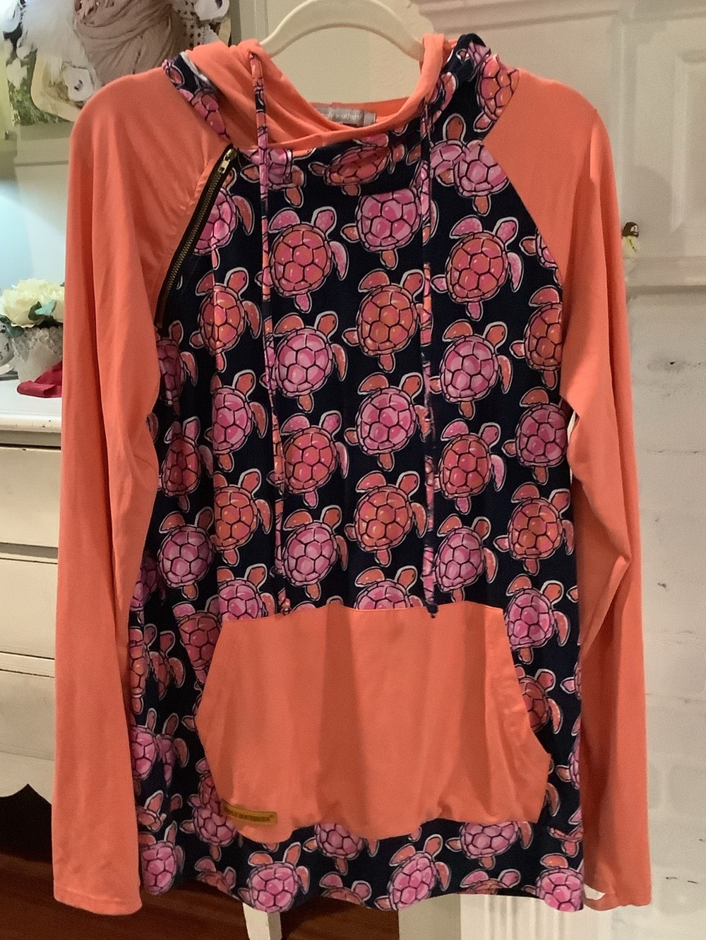 Simply Southern Coral and Navy Turtle Print Hoodie